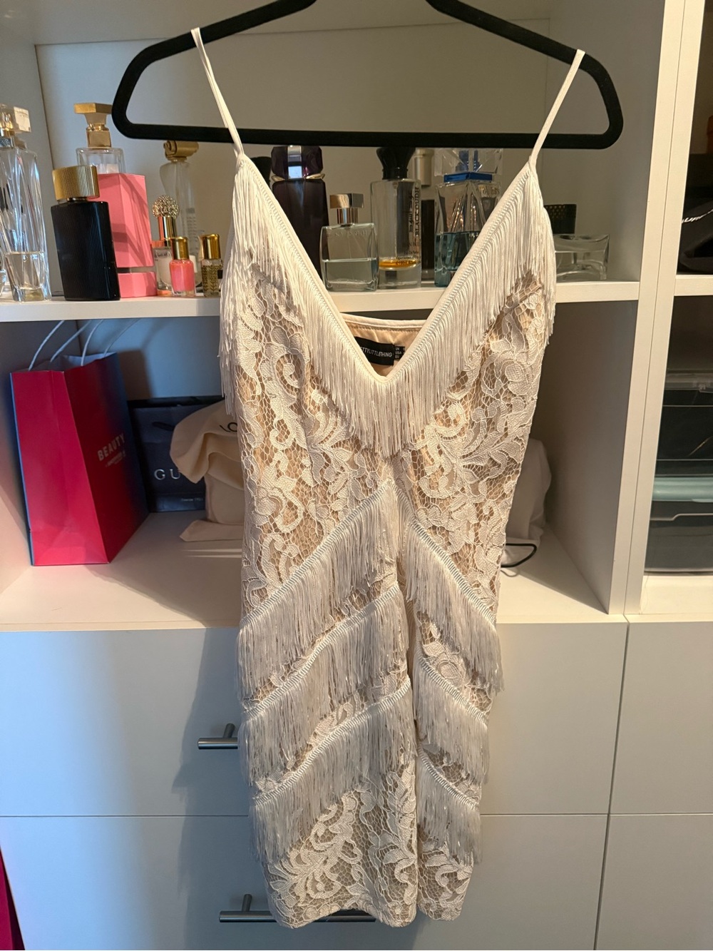 PrettyLittleThing Cream Lace Fringe V-Neck Dress